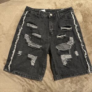 Distressed Black Denim Shorts